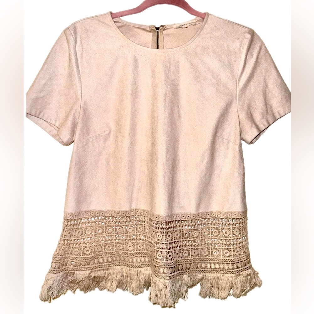 Sugarlips Unique Tan Suede Like Crochet Knit Top